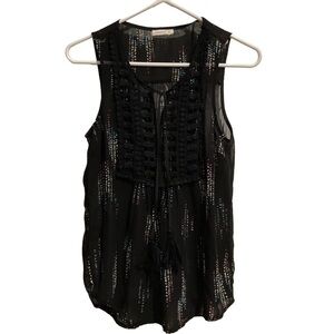 Meadow Rue Sheer Tank Top with Tassels Black with Multicolor‎ Detail